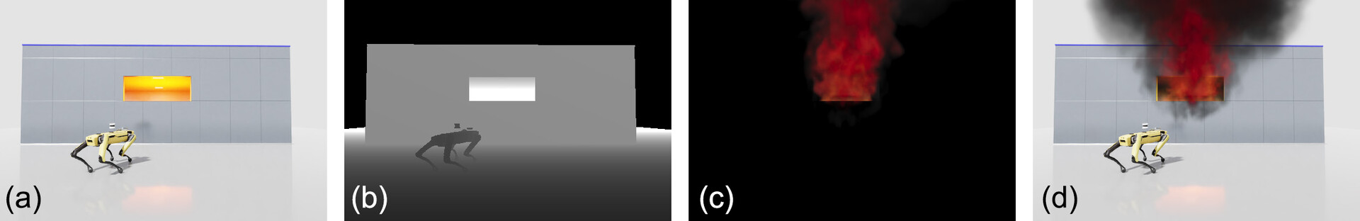 Scene-aware compositing: combining a fire rendering with an RGB frame and depth map to produce an occlusion-aware fire behind a wall.