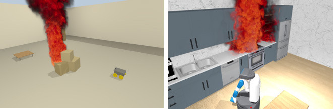 FaaS fire renderings superimposed on Gazebo (left) and MuJoCo (right) simulations.