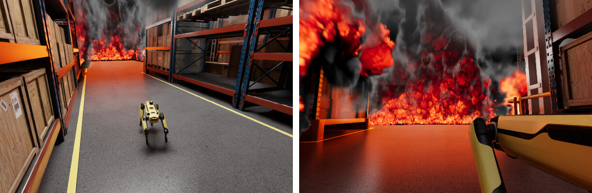 A Spot robot in an Isaac Sim warehouse environment affected by multiple fires, shown from two viewing angles.