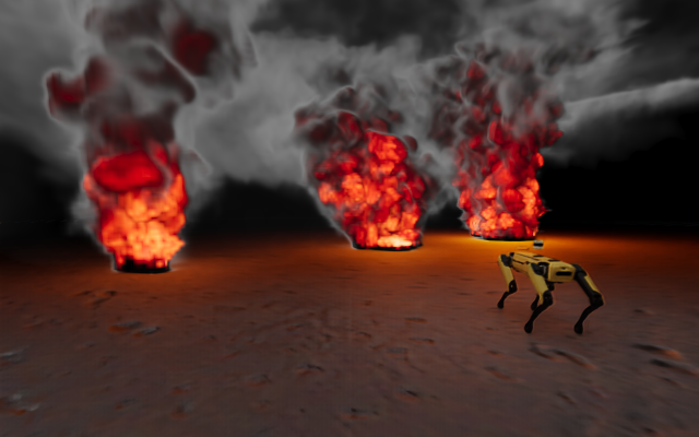 Multi-fire scenario in Isaac Sim with three combustion sources of increasing intensity.