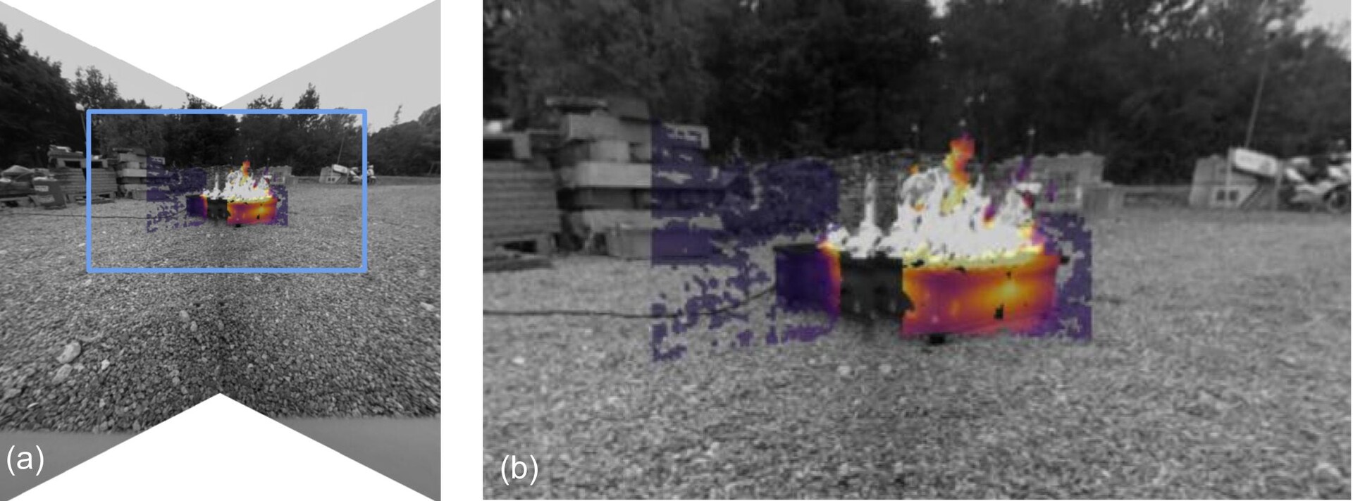 Registration result: RGB frames with a color-coded thermal overlay, with a zoomed-in detail view.