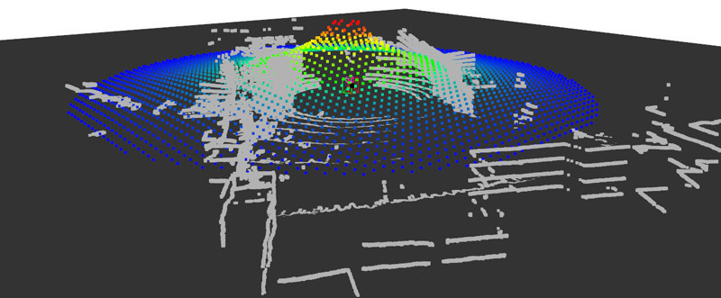 Thermal radiation profile shown as colored points over a LiDAR scan of the scene.